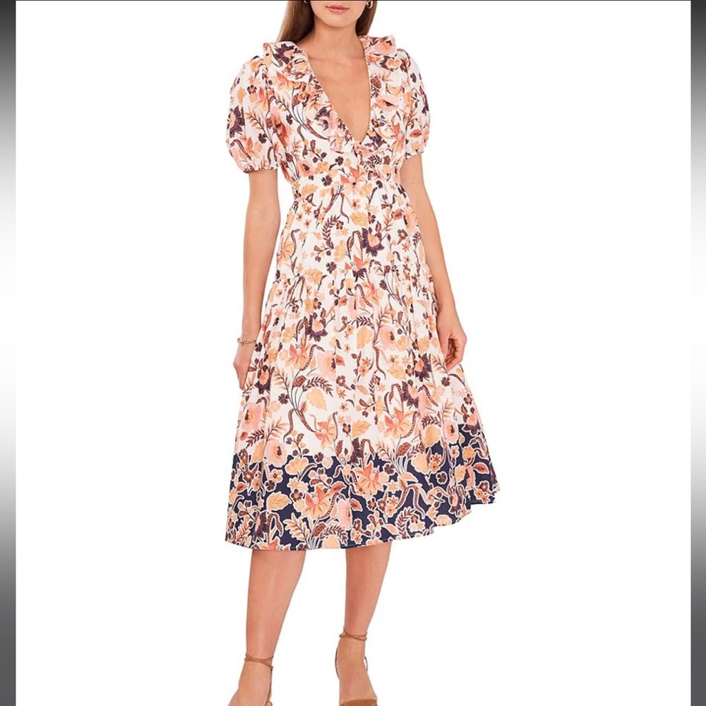 CHELSEA & VIOLET Short puff sleeve floral V neck midi dress